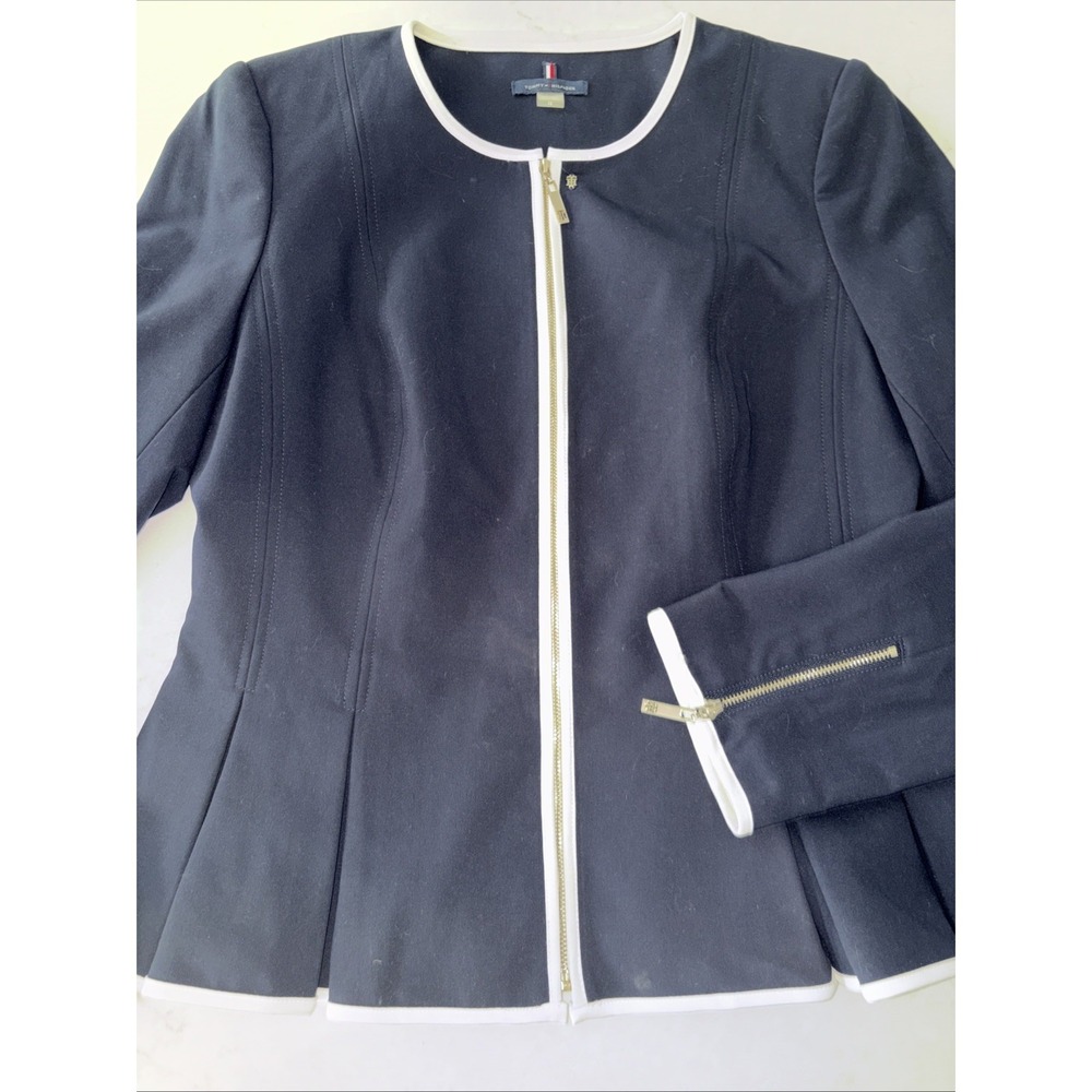 Tommy‎ Hilfiger Womens 12 Zip Up Collarless Navy Blue Blazer White Trim Ruffles